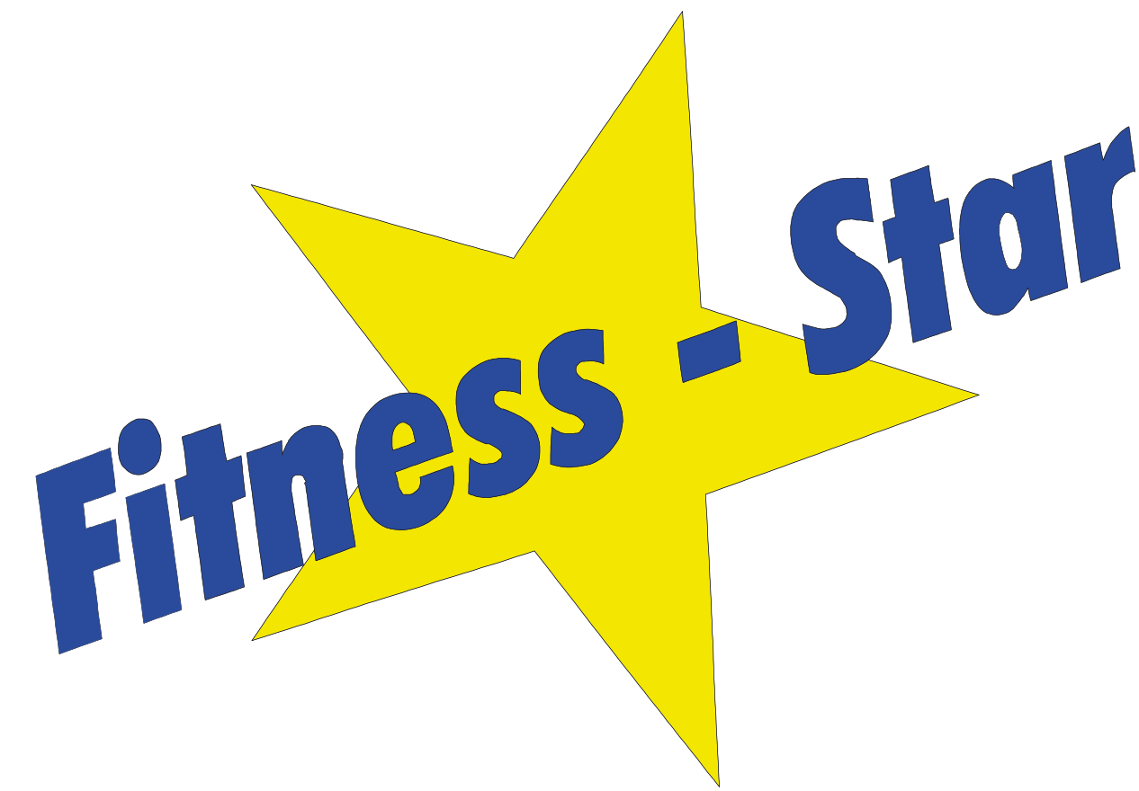 Firmenlogo mit einem gelben Stern im Hintergrund und einem blauen Schriftzug Fitness - Star im Vordergrund